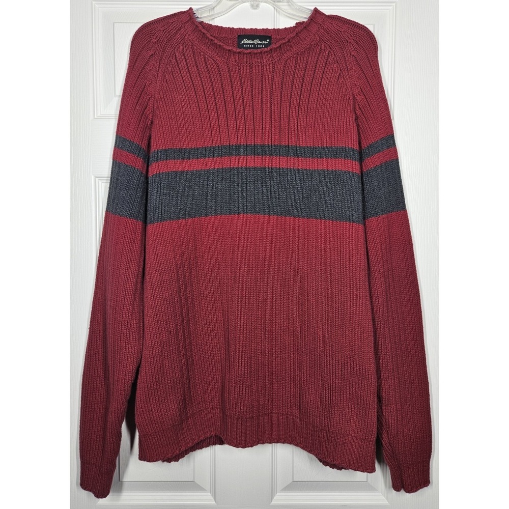 Eddie Bauer Vintage Cable Knit Sweater Large Tall Mens Red Crew Neck Pullover